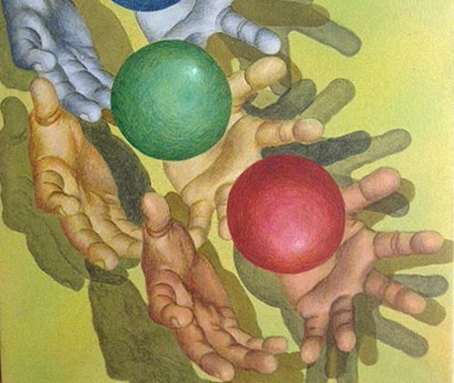 Play, Balls, Acrylic on Canvas, Blue, Red, Green by Indian Artist 
