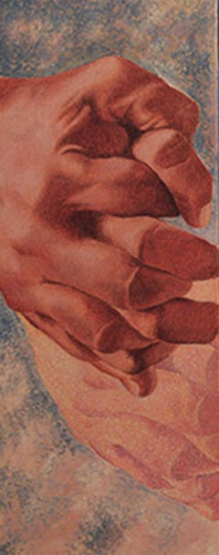 Gemeinsames Zusammensein, verschlungene Finger, Acryl, Kohle auf Leinwand, Blau, Haut „Auf Lager““