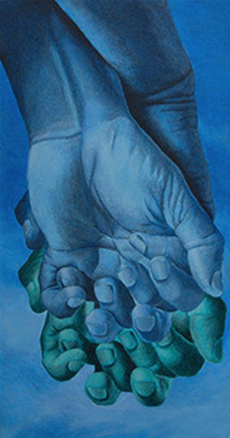 Juntos, Dedos entrelazados, Acrílico, Carboncillo sobre lienzo, Azul, Piel 