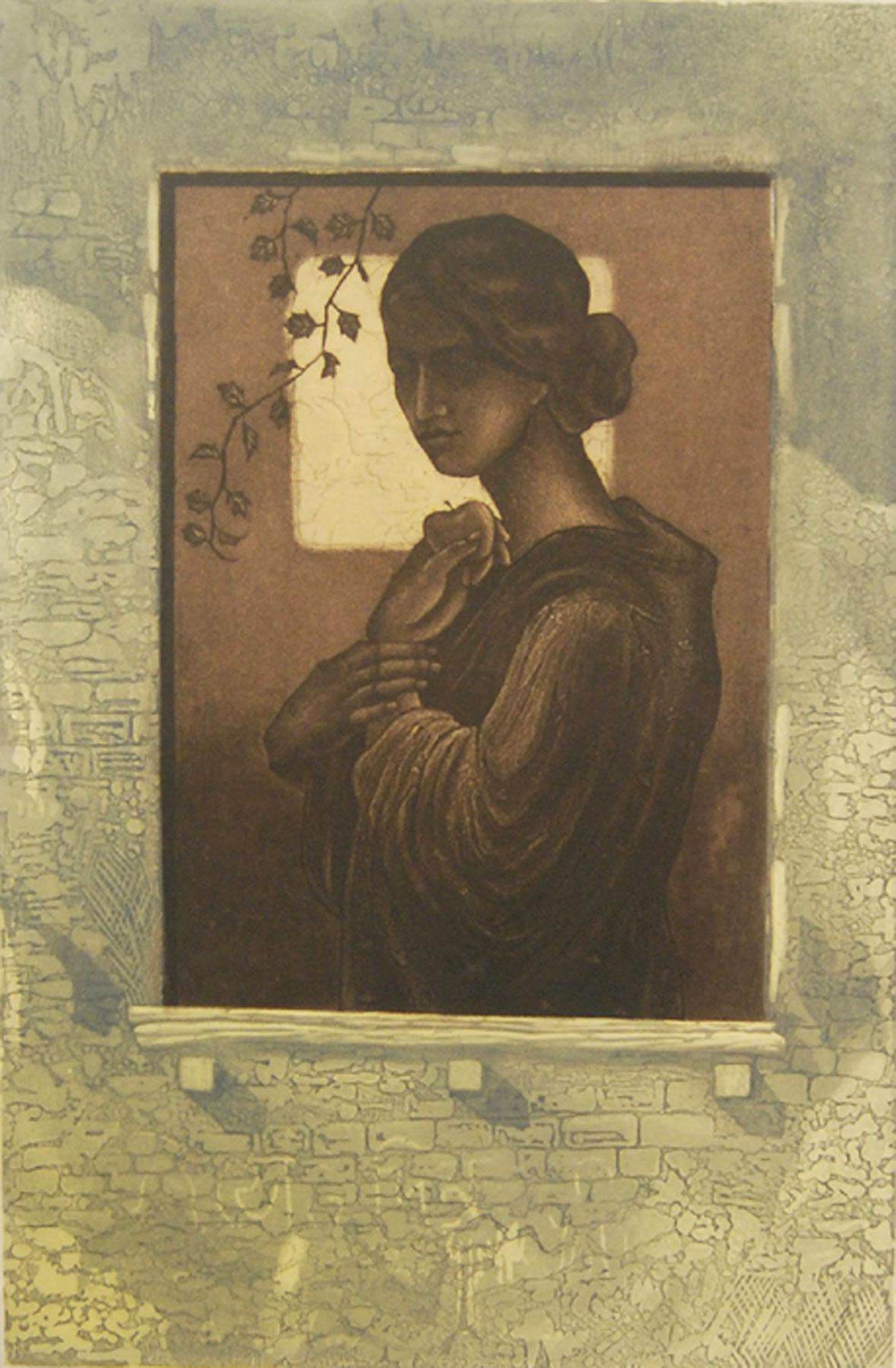 Woman standing beside Window, Etching on paper, Green, Brown, Black 