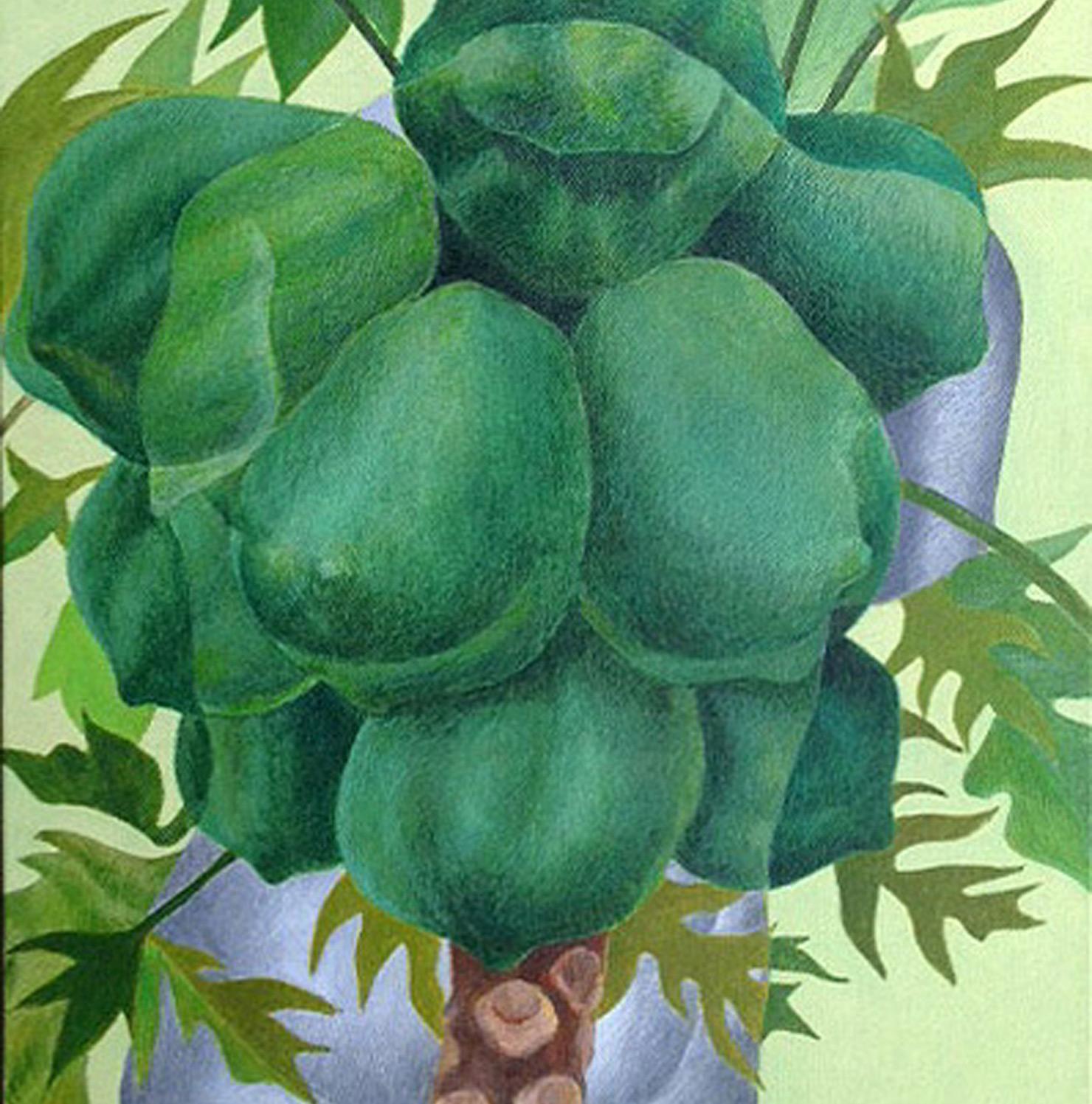 Frutas, Acrílico sobre Lienzo, Verde, Azul, Marrón por Artista Indio 