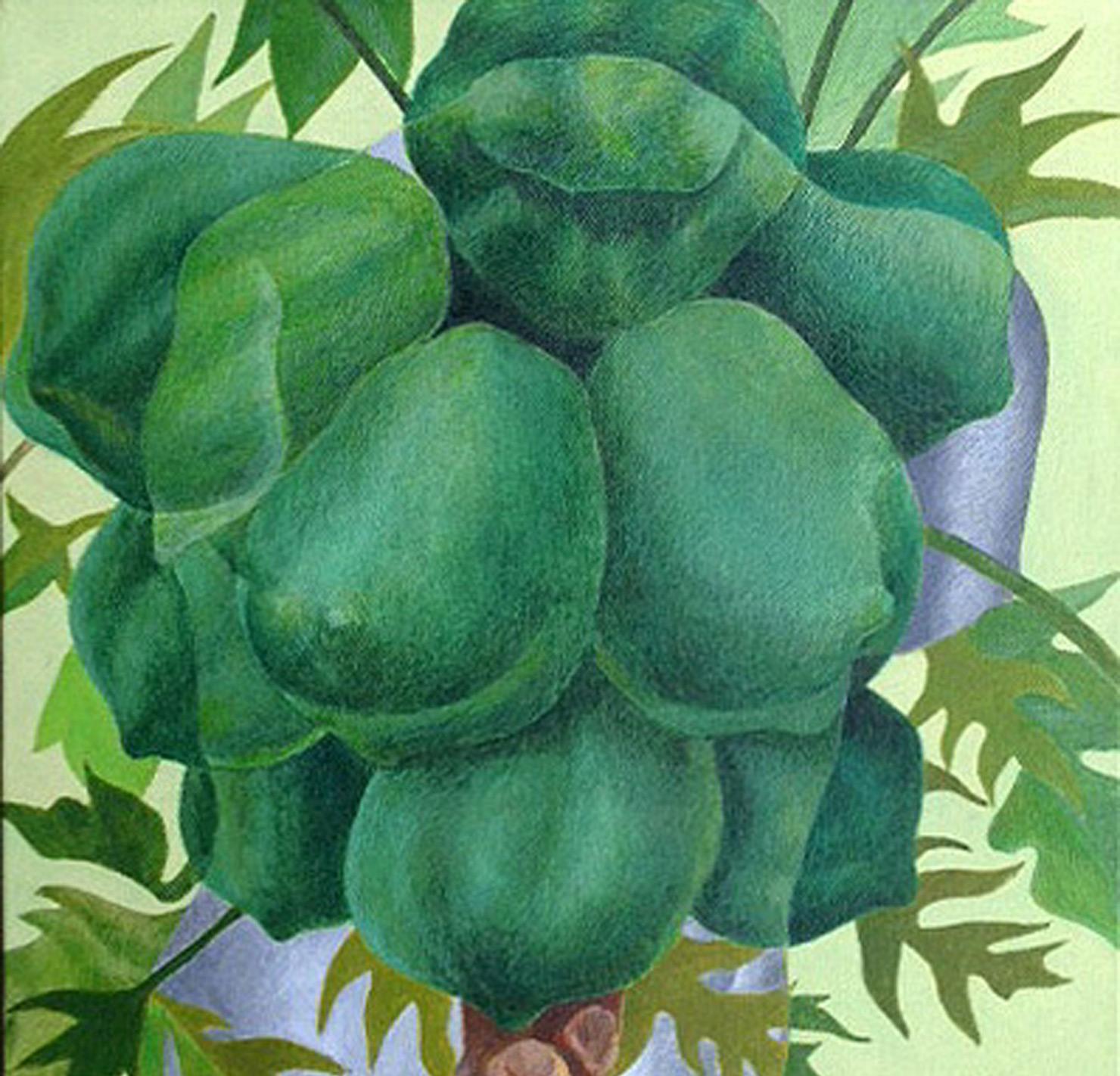 Frutas, Acrílico sobre Lienzo, Verde, Azul, Marrón por Artista Indio 
