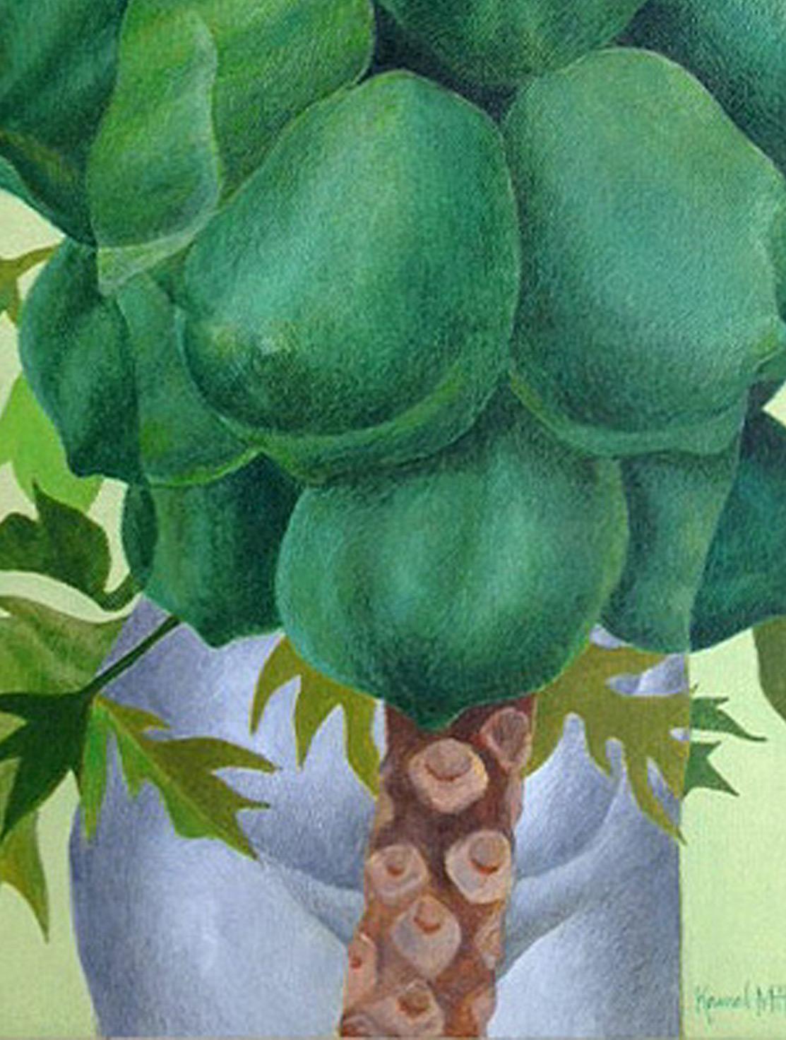 Frutas, Acrílico sobre Lienzo, Verde, Azul, Marrón por Artista Indio 