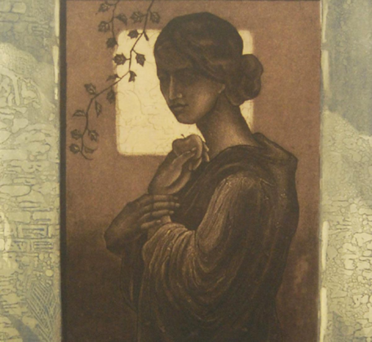 Woman standing beside Window, Etching on paper, Green, Brown, Black 