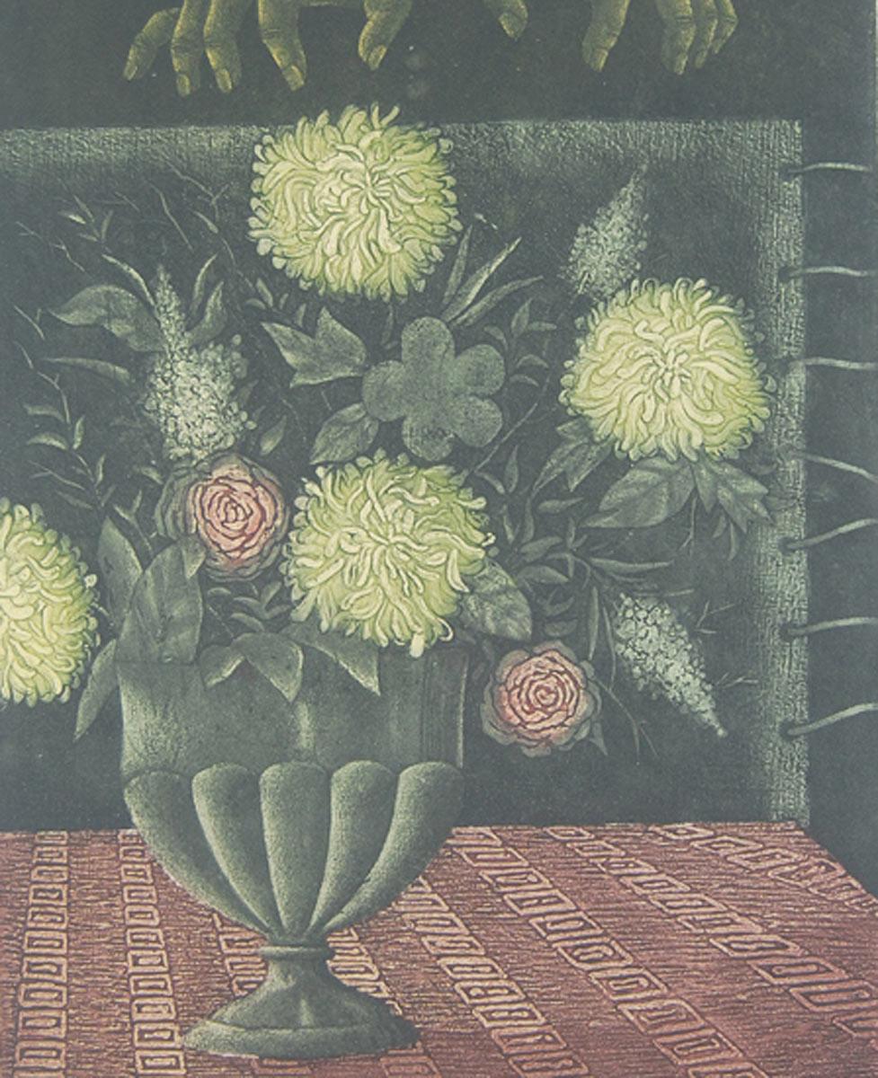 Flower Vase, Etching on paper, Green, Brown colors by Indian Artist 