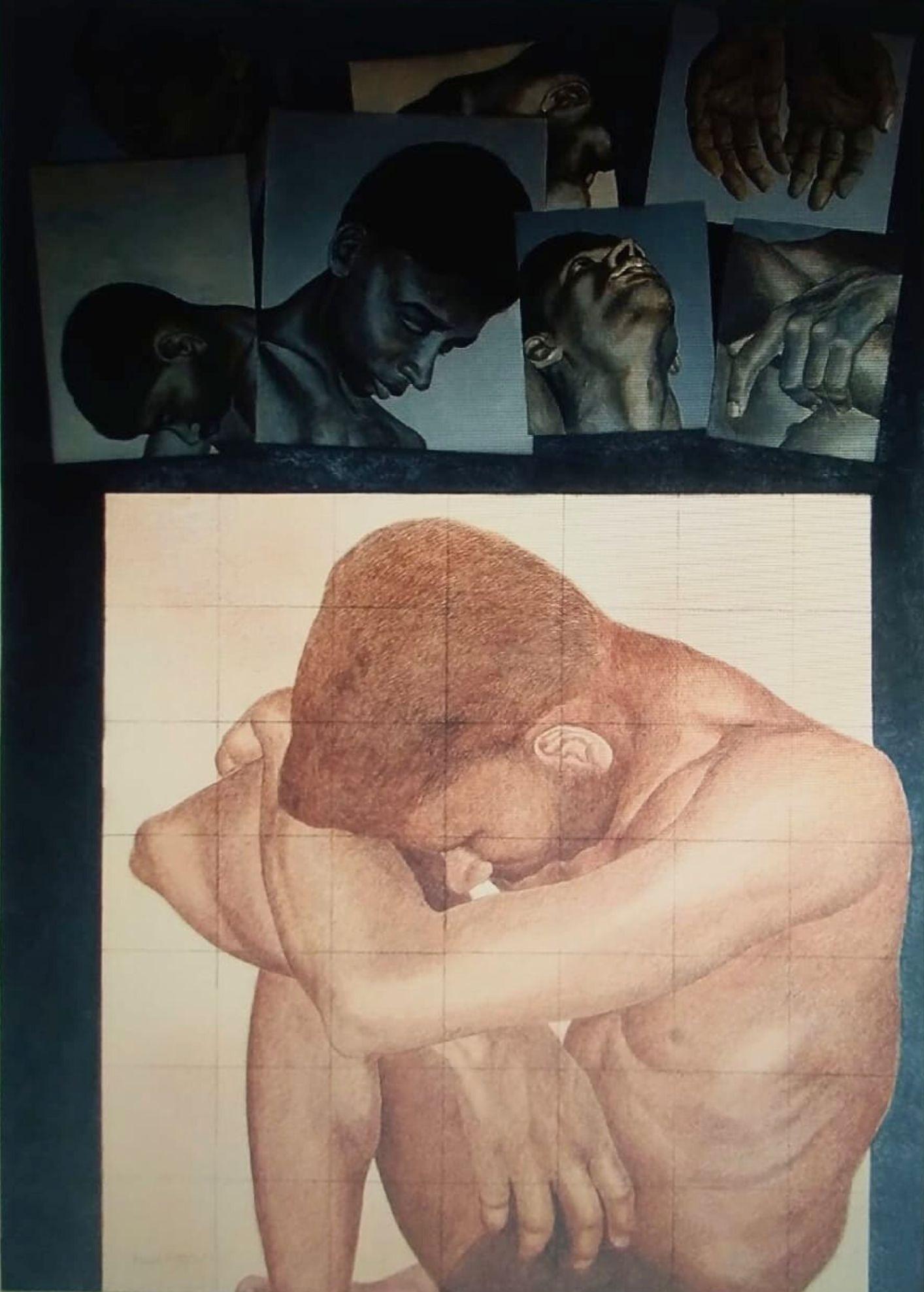 Figurative Painting Kamal Mitra - Sans titre, Technique mixte, couleurs Brown, Blue Artiste indien contemporain "En stock"
