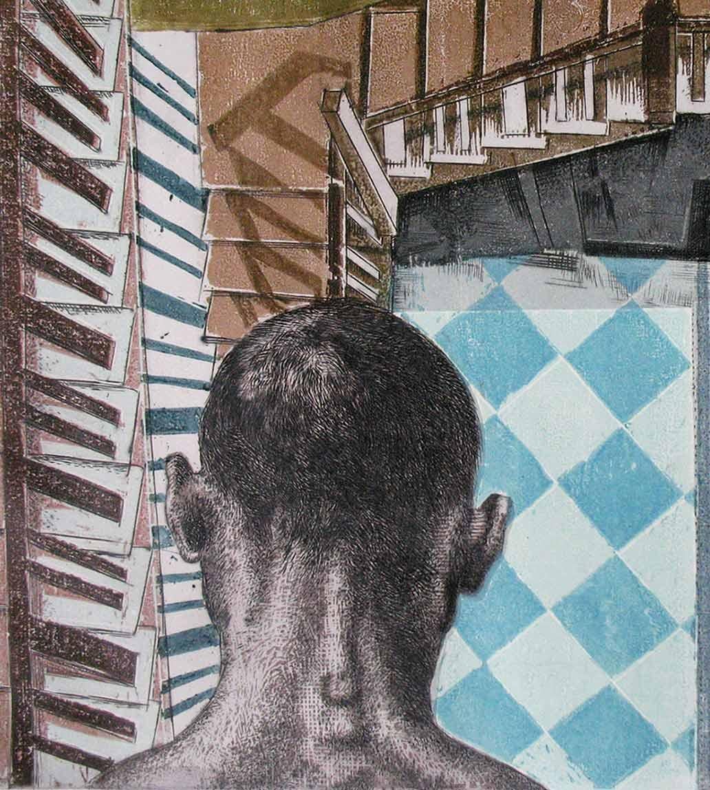Figurativo, Grabado y xilografía sobre papel, Azul, Gris por Artista indio 