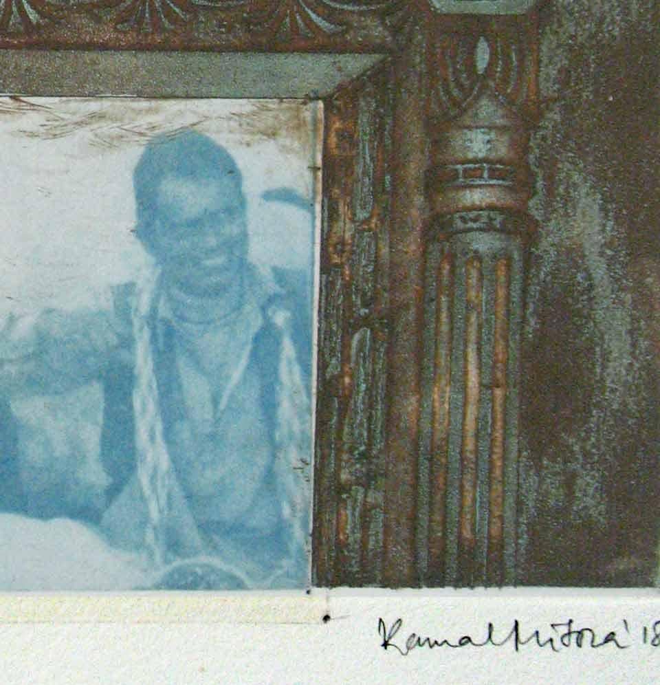 Folk Singer, Etching, Cyanotype on paper, Blue, Green by Indian Artist