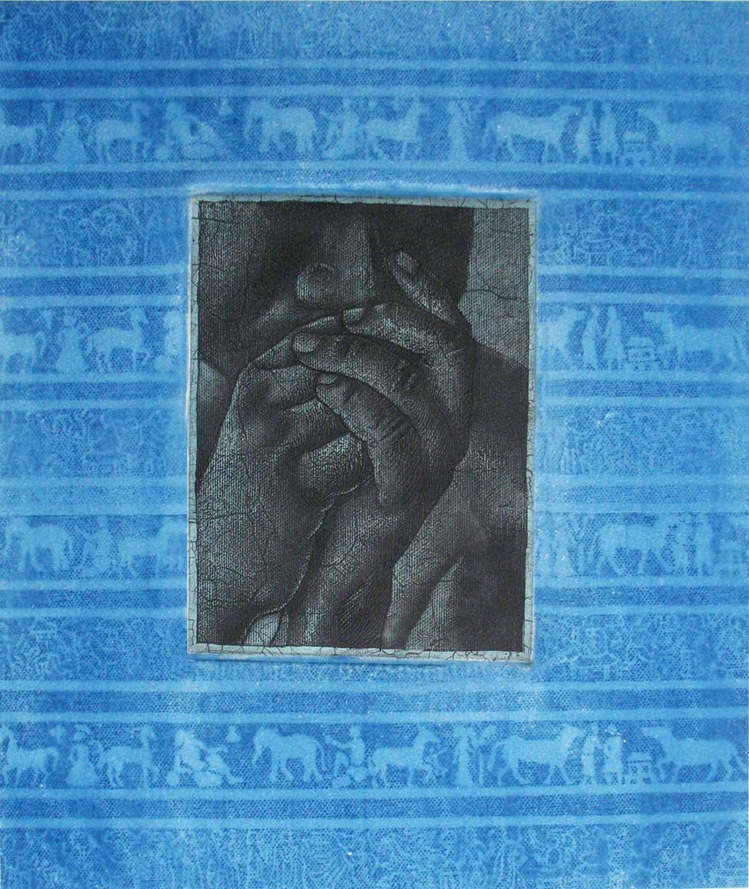 Thinker, Etching & Cyanotype on paper, Blue, Grey by Indian Artist 