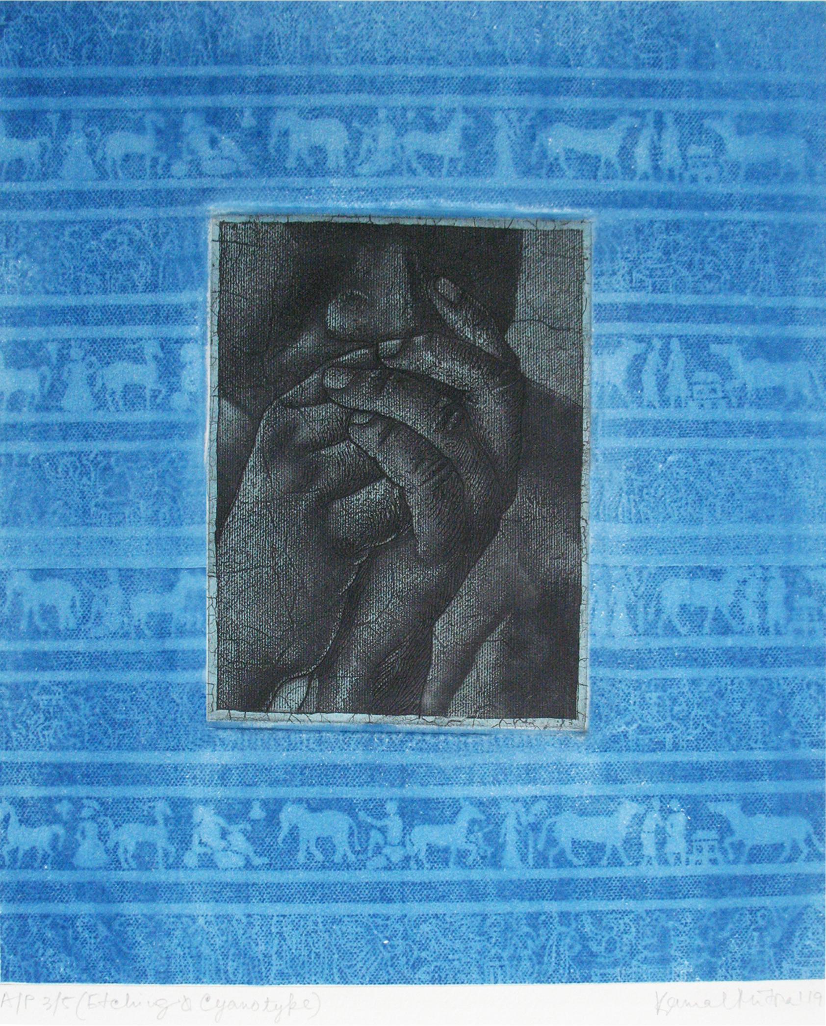 Thinker, Radierung und Cyanotypie auf Papier, Blau, Grau von indischer Künstler „“Auf Lager“