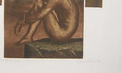 Nude, Face, Etching, Lithograph on paper, Brown, Blue by Indian Artist"In Stock"