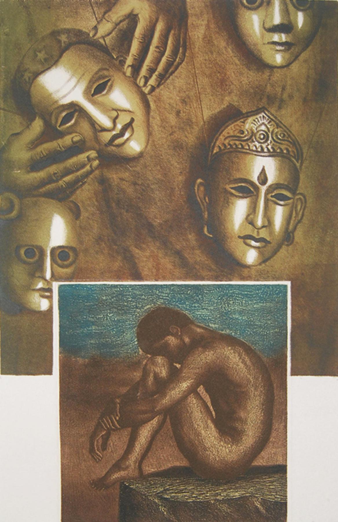 Nu, visage, eau-forte, lithographie sur papier, marron, bleu de l'artiste indien « en stock » - Contemporain Painting par Kamal Mitra