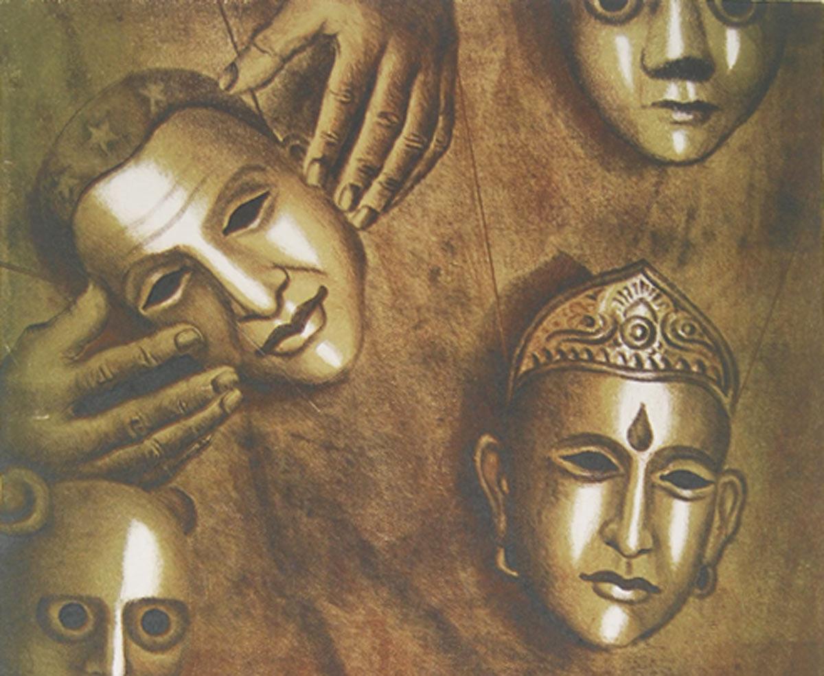 Nu, visage, eau-forte, lithographie sur papier, marron, bleu de l'artiste indien « en stock » - Gris Nude Painting par Kamal Mitra