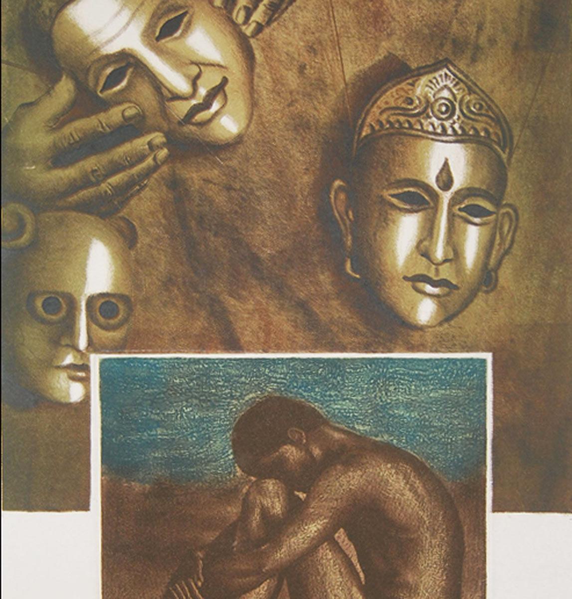 Nu, visage, eau-forte, lithographie sur papier, marron, bleu de l'artiste indien « en stock » en vente 1