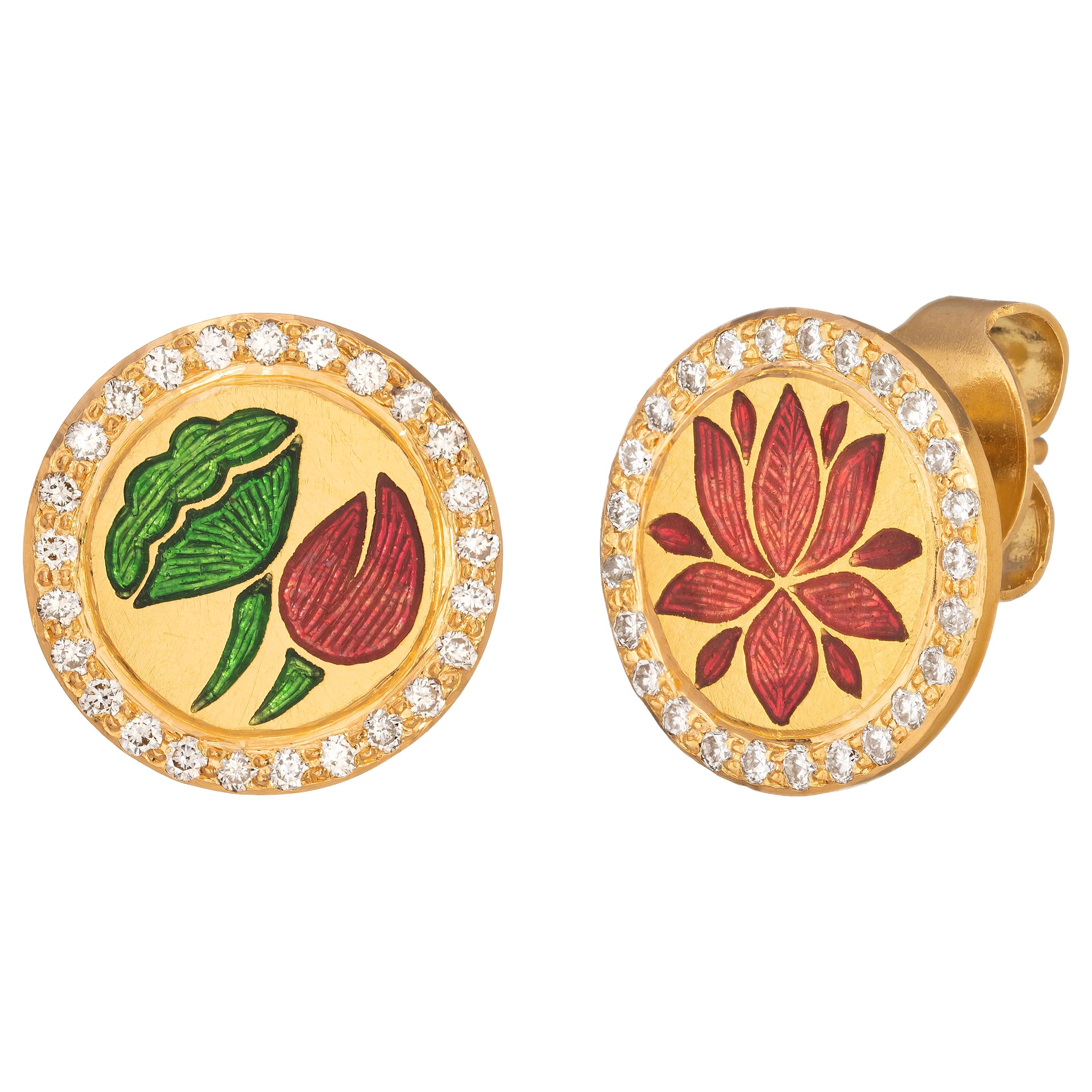 Kamala Earrings, 22 Karat Yellow Gold with Enamel and Diamond For Sale