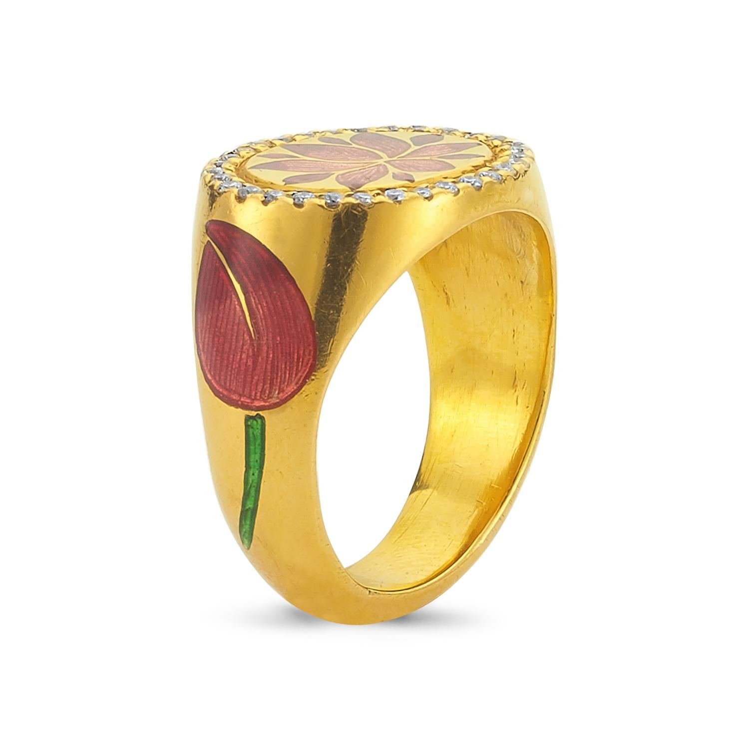 Round Cut Kamala Ring with 31 Diamonds and Jaipur Enamel Lotus Motif, 22 Karat Yellow Gold For Sale