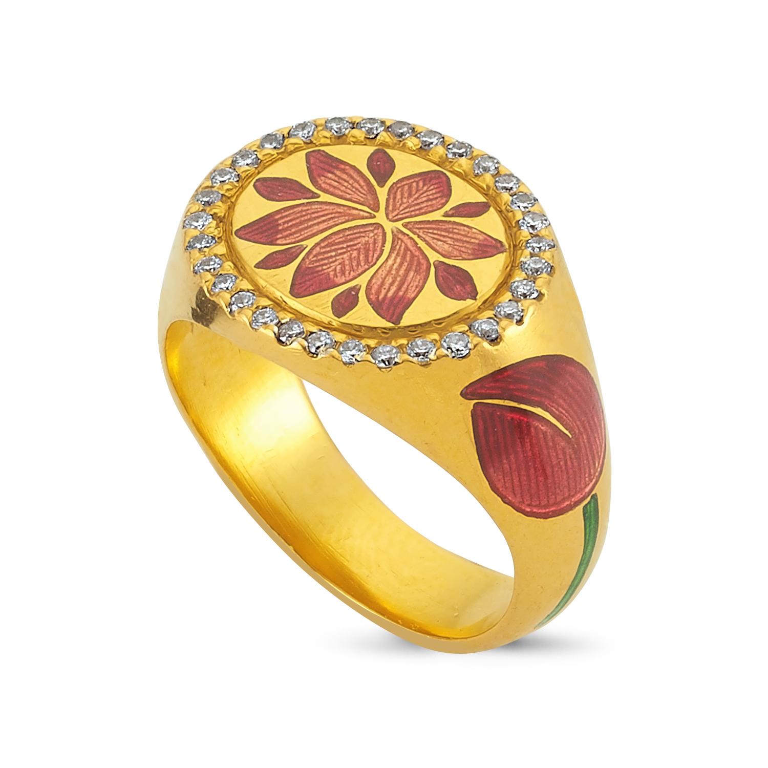 Kamala Ring with 31 Diamonds and Jaipur Enamel Lotus Motif, 22 Karat Yellow Gold In New Condition For Sale In Kew, Victoria