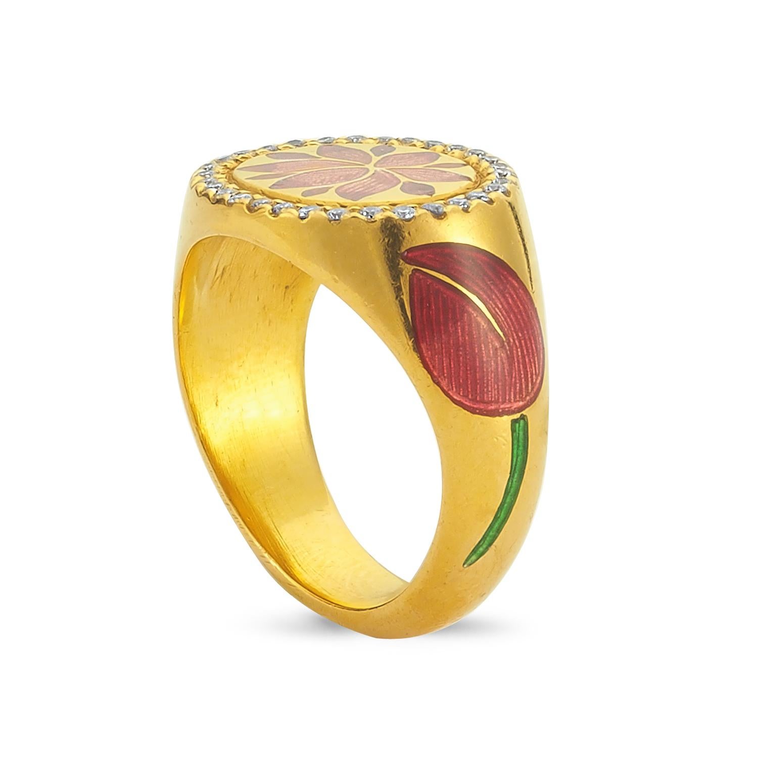 Women's Kamala Ring with 31 Diamonds and Jaipur Enamel Lotus Motif, 22 Karat Yellow Gold For Sale