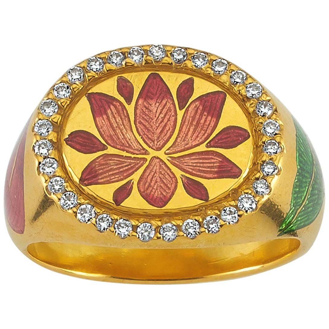 Kamala Ring with 31 Diamonds and Jaipur Enamel Lotus Motif, 22 Karat Yellow Gold For Sale