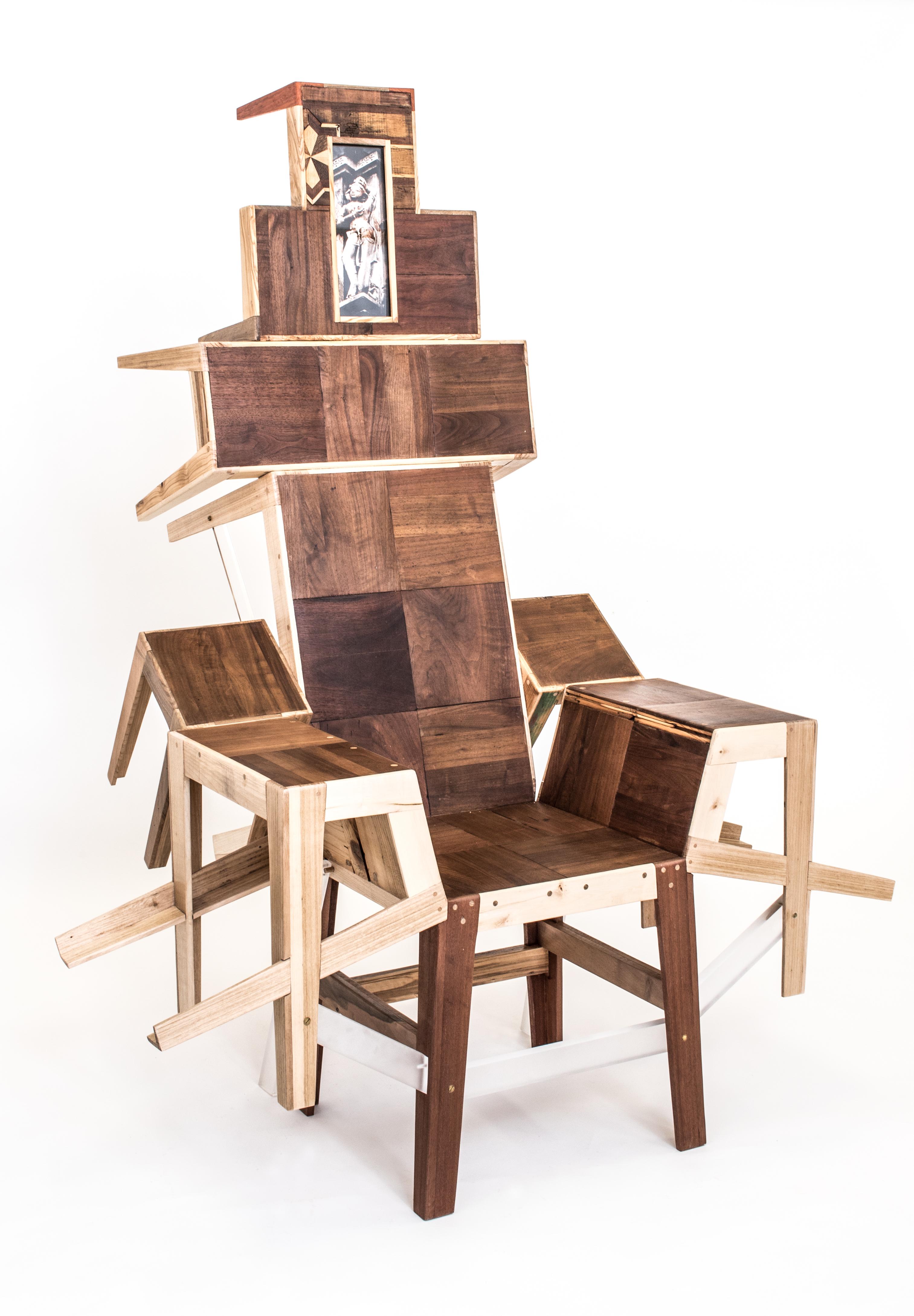 Kamasutra Throne Seating by Hillsideout
Dimensions: W 126 x D 100 x H 162 cm.
Materials: Handcrafted Walnut, Mahogany, Maple, Olive Wood, Acrylic, Lambda Print.

Hillsideout is an Italian-German collaboration which combines antique restoration
