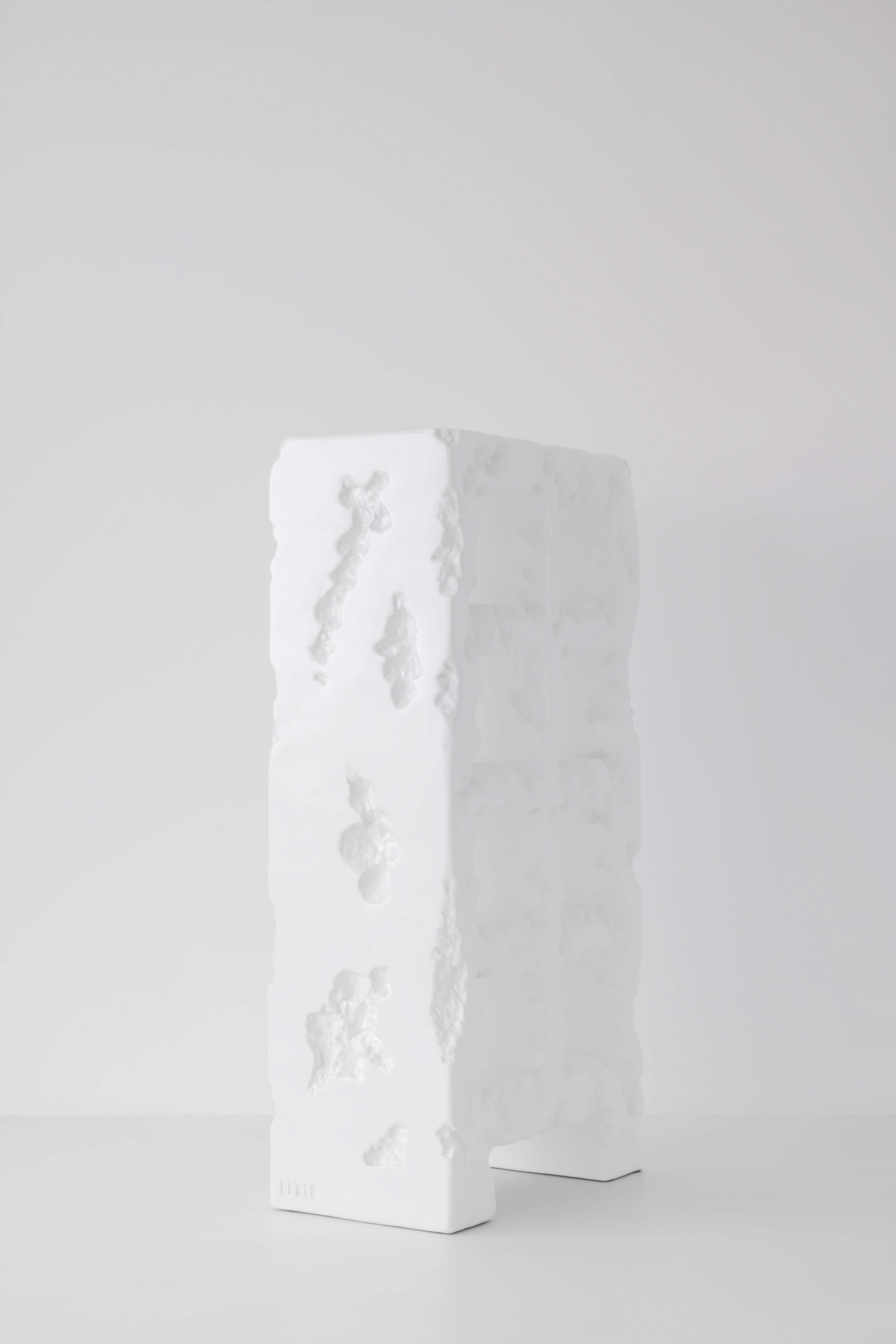 Kameh 0.1 Bücherregal, hergestellt mit Techniken und mehreren Schichten von Materialien, die das menschliche Selbst darstellen. Die Metallkonstruktion des Rahmens als Knochen und physischer Körper, die Weichheit des Schaums, der den inneren Kern des