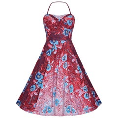 Kamehameha Hawaiian Red / Turquoise Floral Cotton Dress With Halter Neck, 1950s