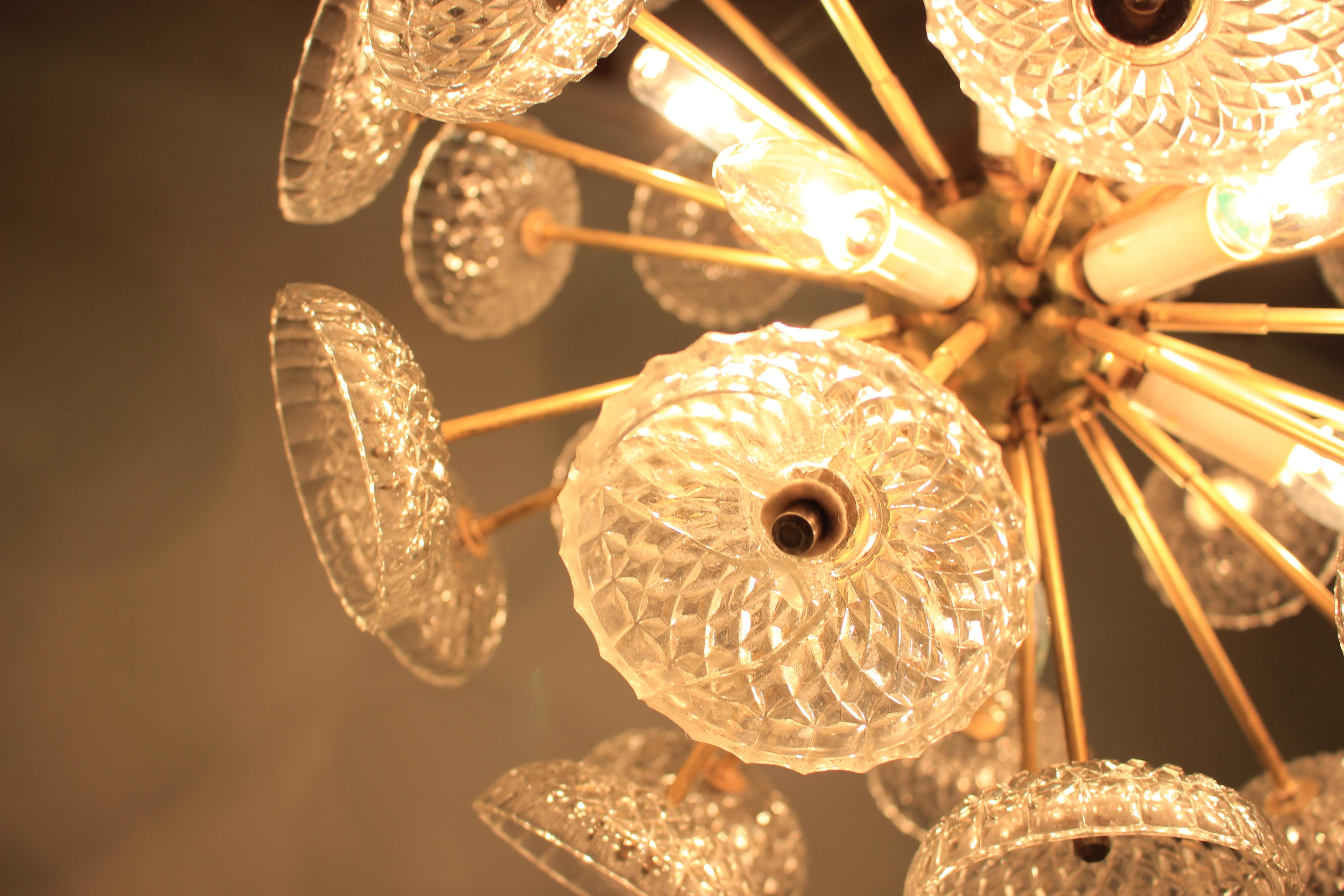 1970s
Maker: Kamenický Šenov
The chandelier has patina (see the pictures)
One glass damaged (absolutely not seen when hanging).