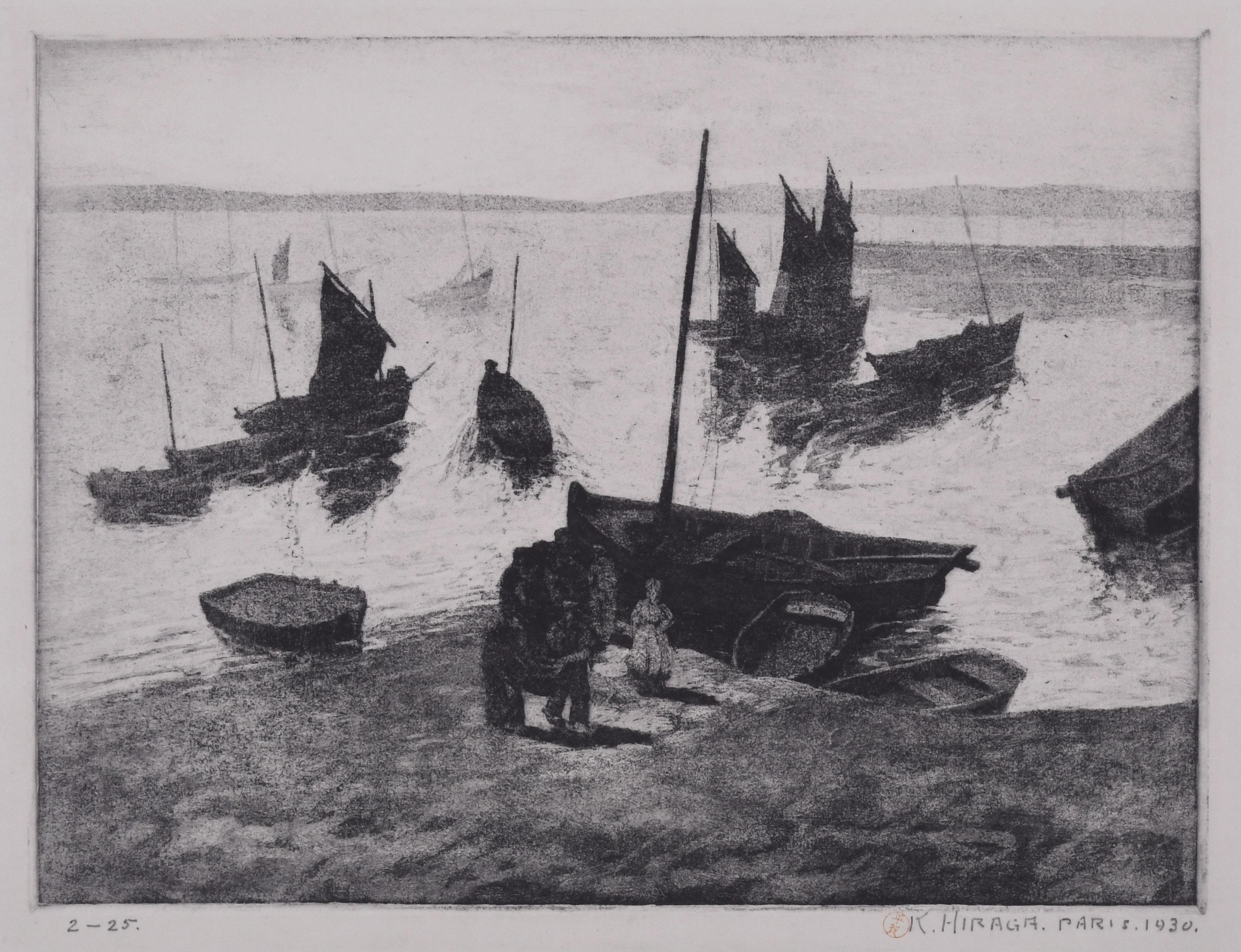 Kamesuke Hiraga Landscape Print – Unbetitelt (Fischboote, Normandie)