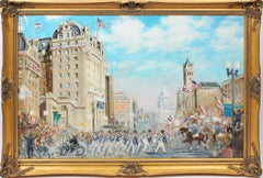 Ancienne peinture à l'huile originale de parade impressionniste du drapeau américain de Washington DC représentant le drapeau