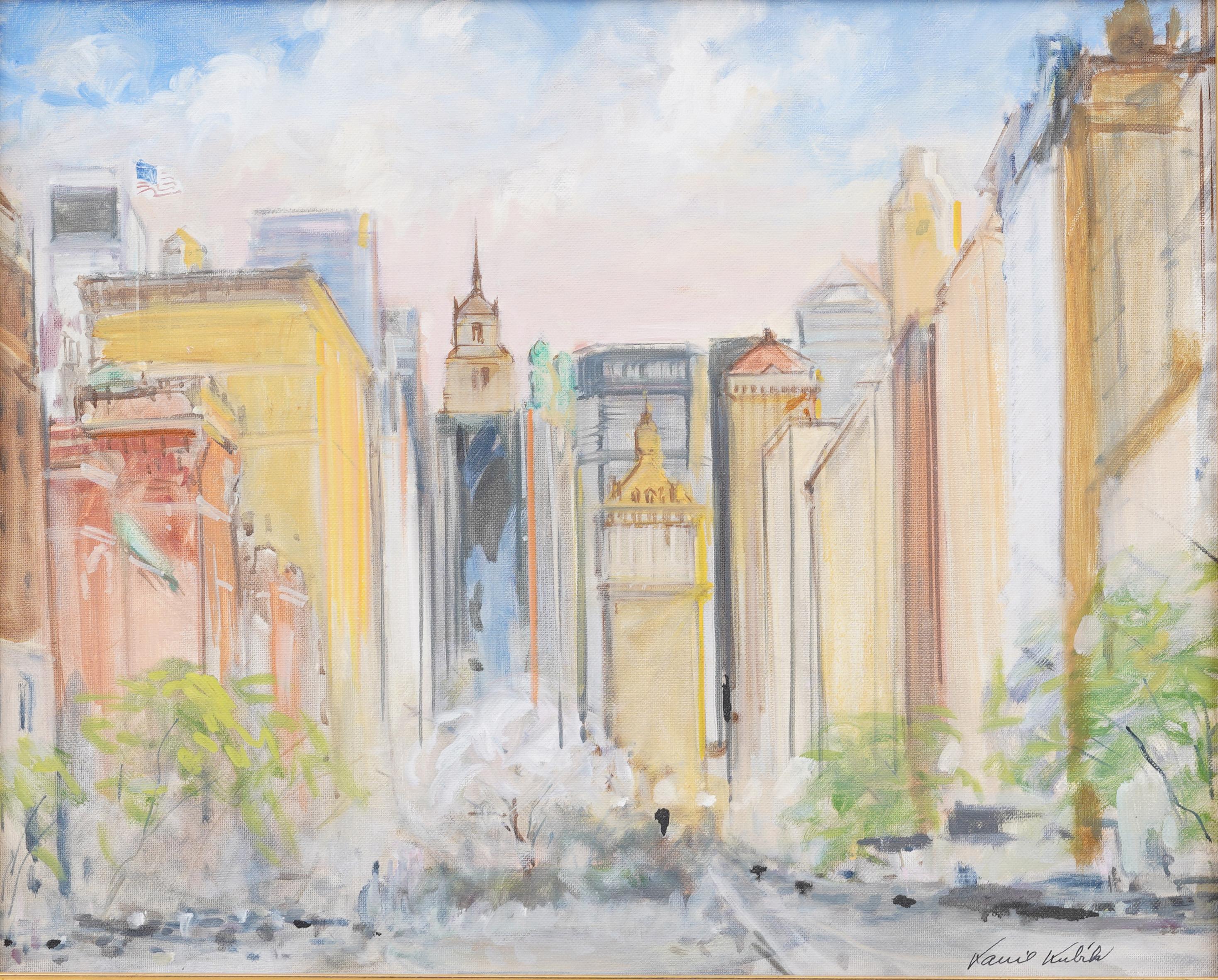 Antico paesaggio urbano di New York, impressionista americano, dipinto ad olio originale con cornice - Painting Cubismo di Kamil Kubik