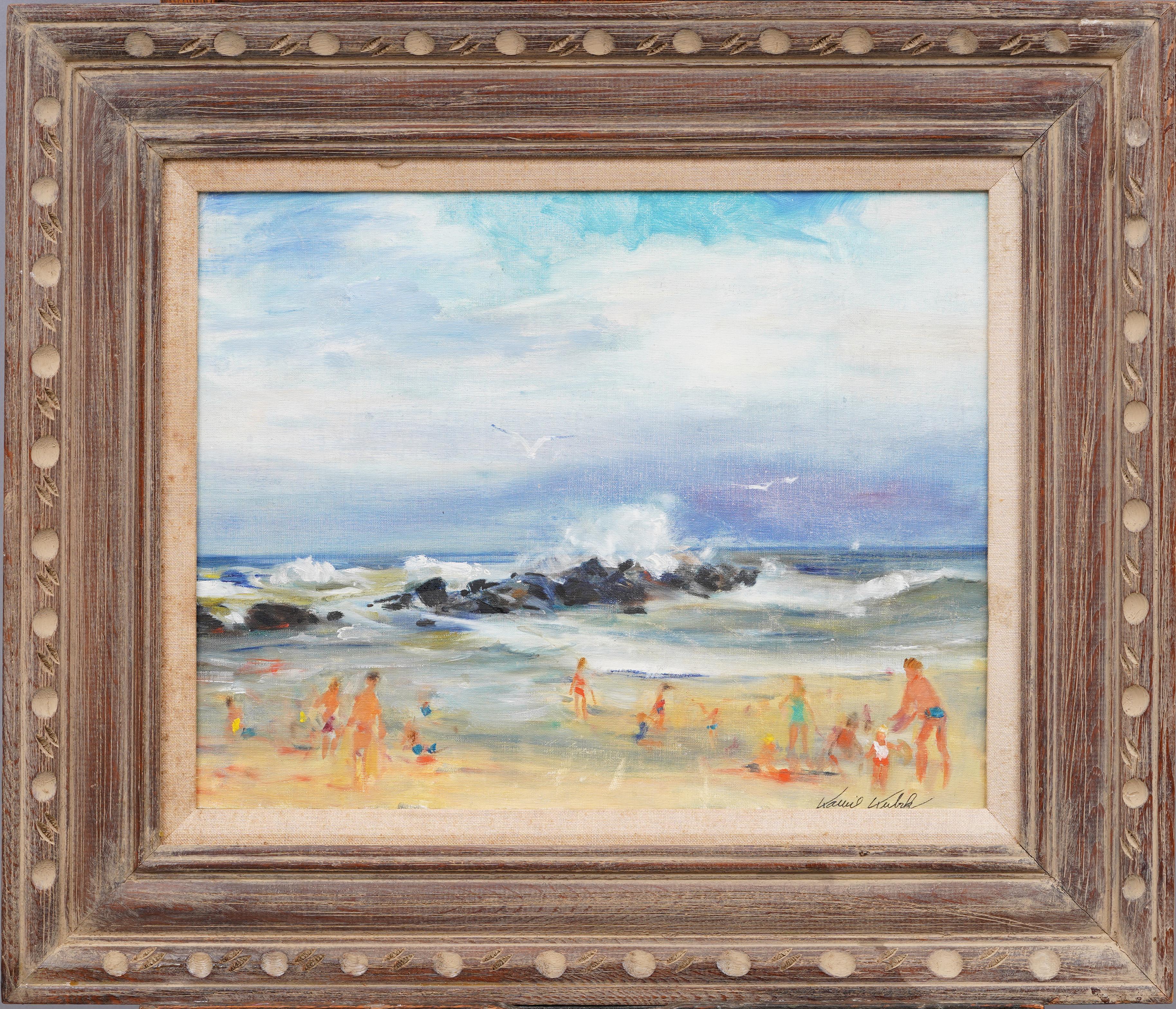 Antique American Impressionist New York Summer Beach Scene Framed Oil Painting - Brown Landscape Painting by Kamil Kubik