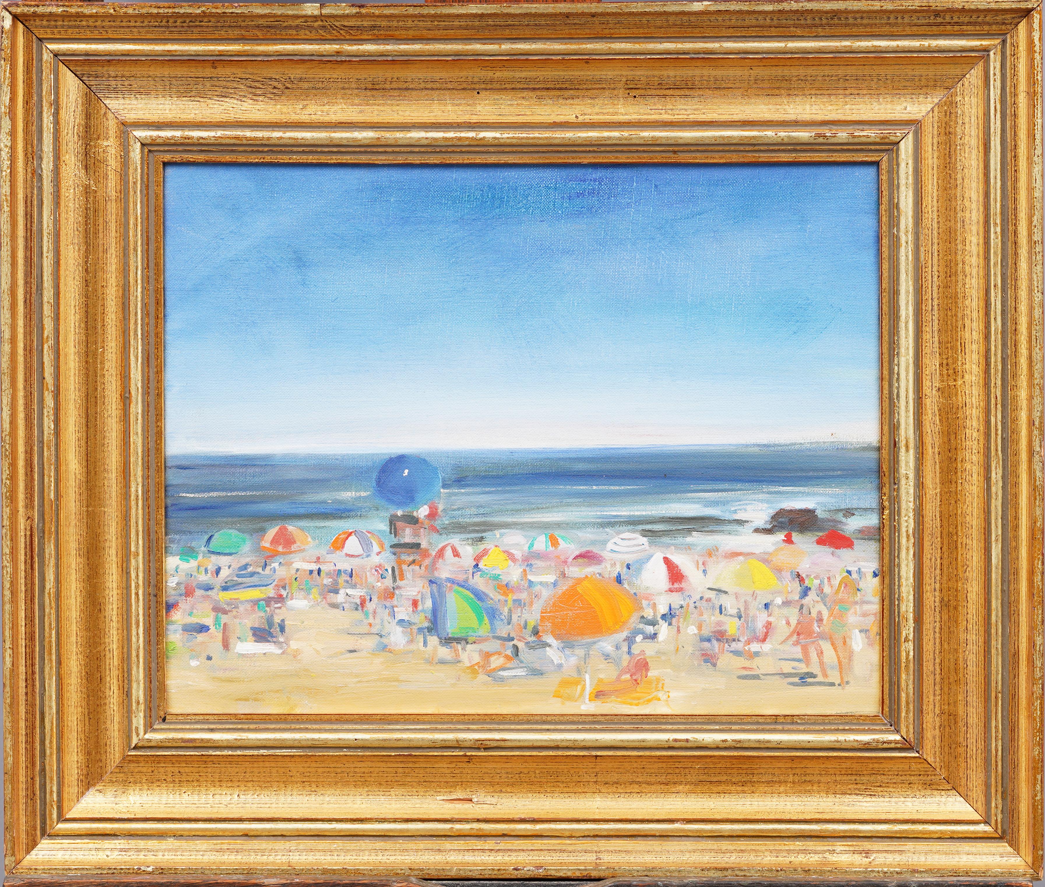 Impressionista americano New York Summer Beach Scene Pittura ad olio incorniciata - Painting di Kamil Kubik