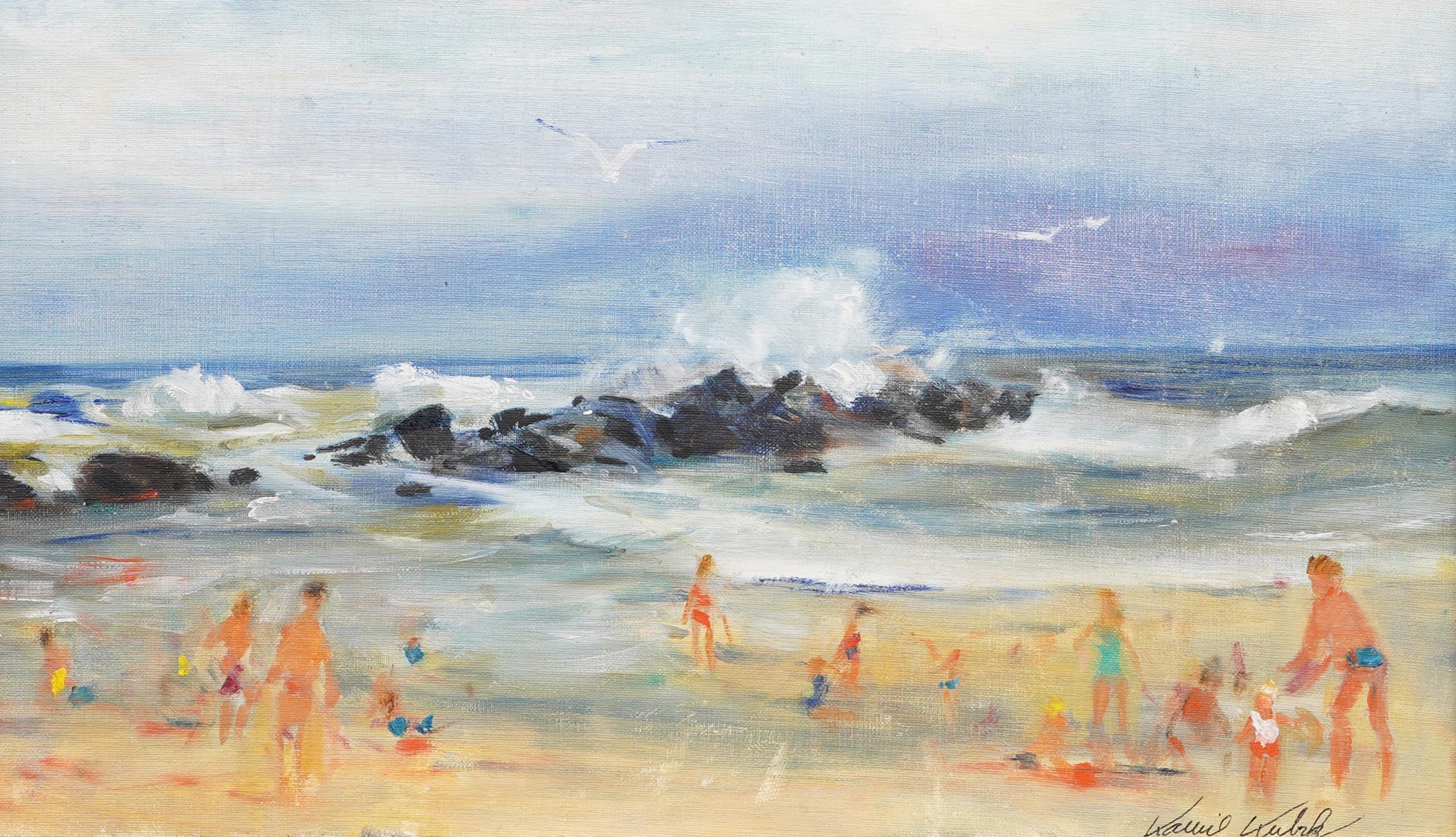 Antique American Impressionist New York Summer Beach Scene Framed Oil Painting For Sale 1
