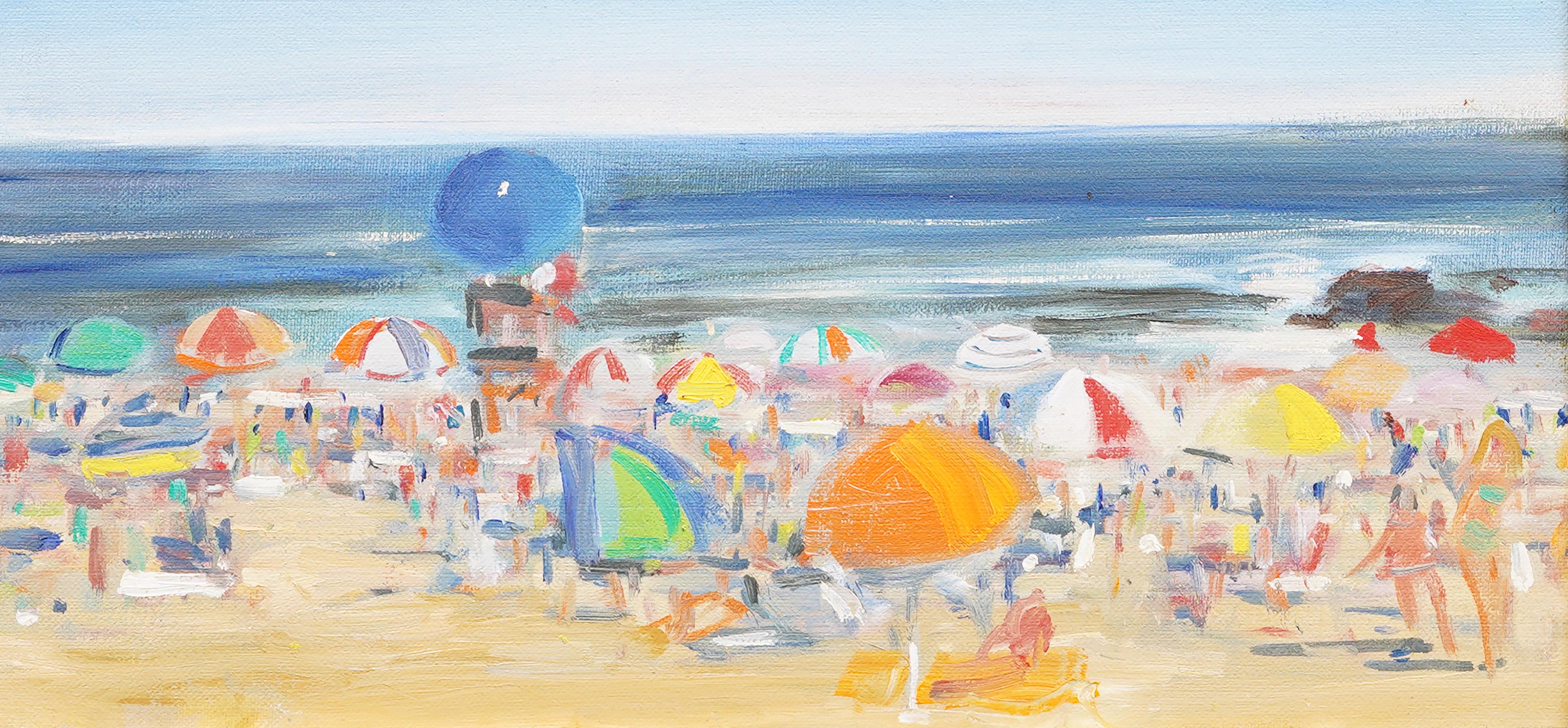 Impressionista americano New York Summer Beach Scene Pittura ad olio incorniciata 1