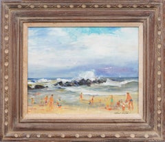 Vintage American Impressionist New York Summer Beach Scene Framed Oil Painting