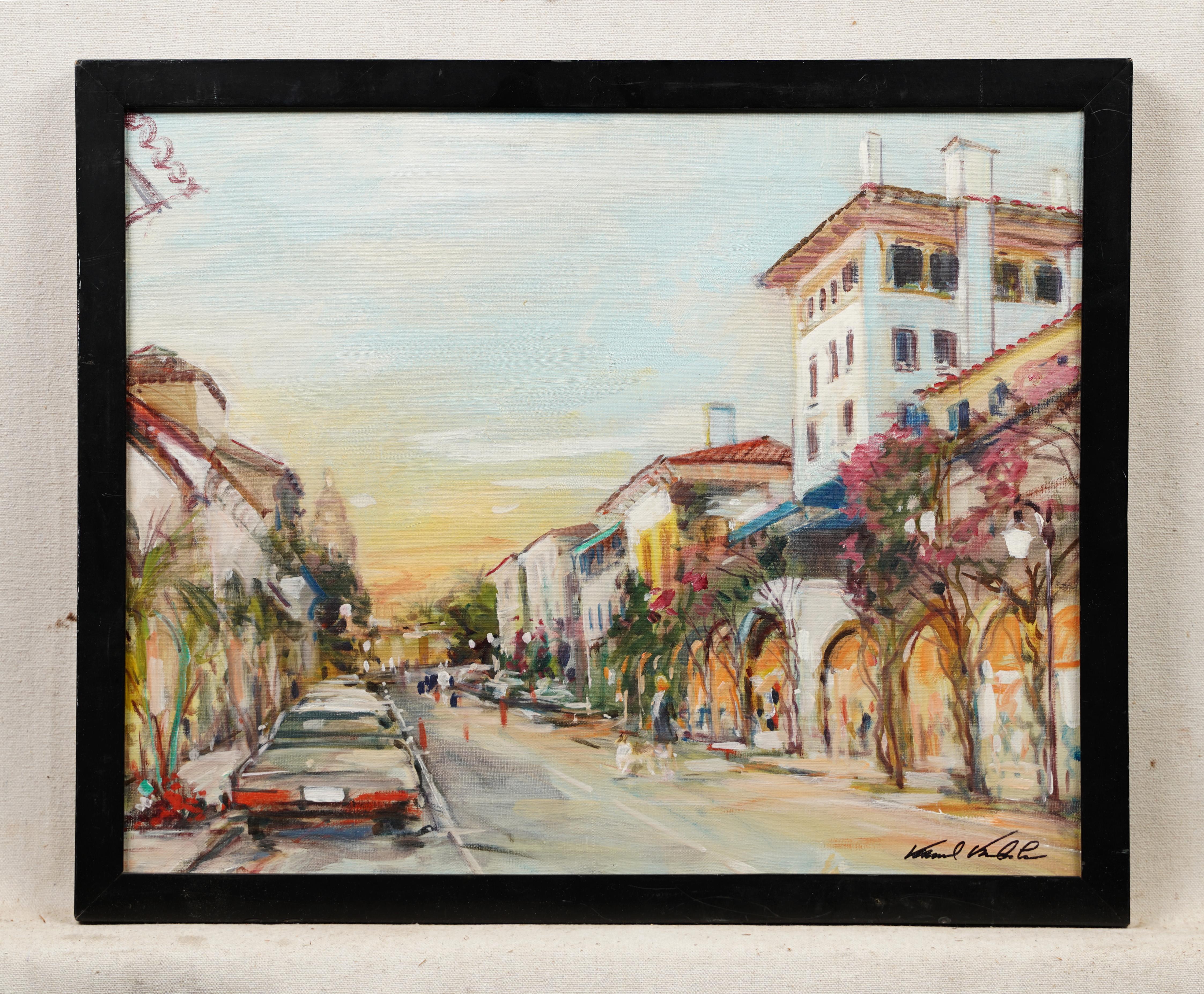 Antique American impressionist street scene oil painting by Kamil Kubik (1930 - 2011) .  Oil on canvas.  Framed.  Signed.