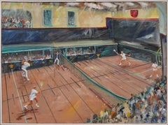 Super Rare American Impressionist Indoor Tennis Match Sporting Art Oil Painting