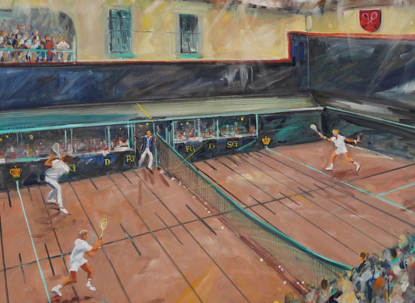 Pintura al óleo de arte deportivo sobre un partido de tenis en pista cubierta, impresionista americano, súper rara - Painting Moderno de Kamil Kubik