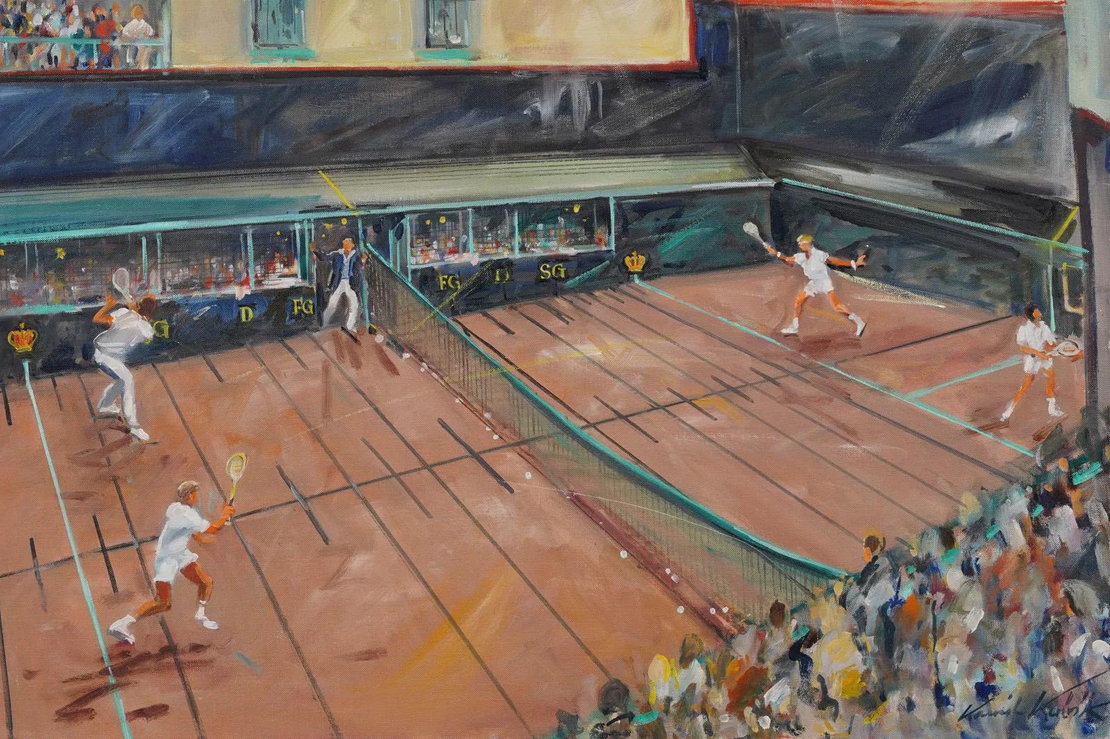 Óleo muy raro y bien pintado de Kamil Kubik (1930 - 2011) sobre una escena de tenis de mediados de siglo.  Óleo sobre lienzo.  Enmarcado.  Reverso de la etiqueta.  Sin firmar.  