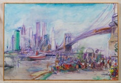 Vintage American Impressionist Modernist New York City Brooklyn Bridge Painting