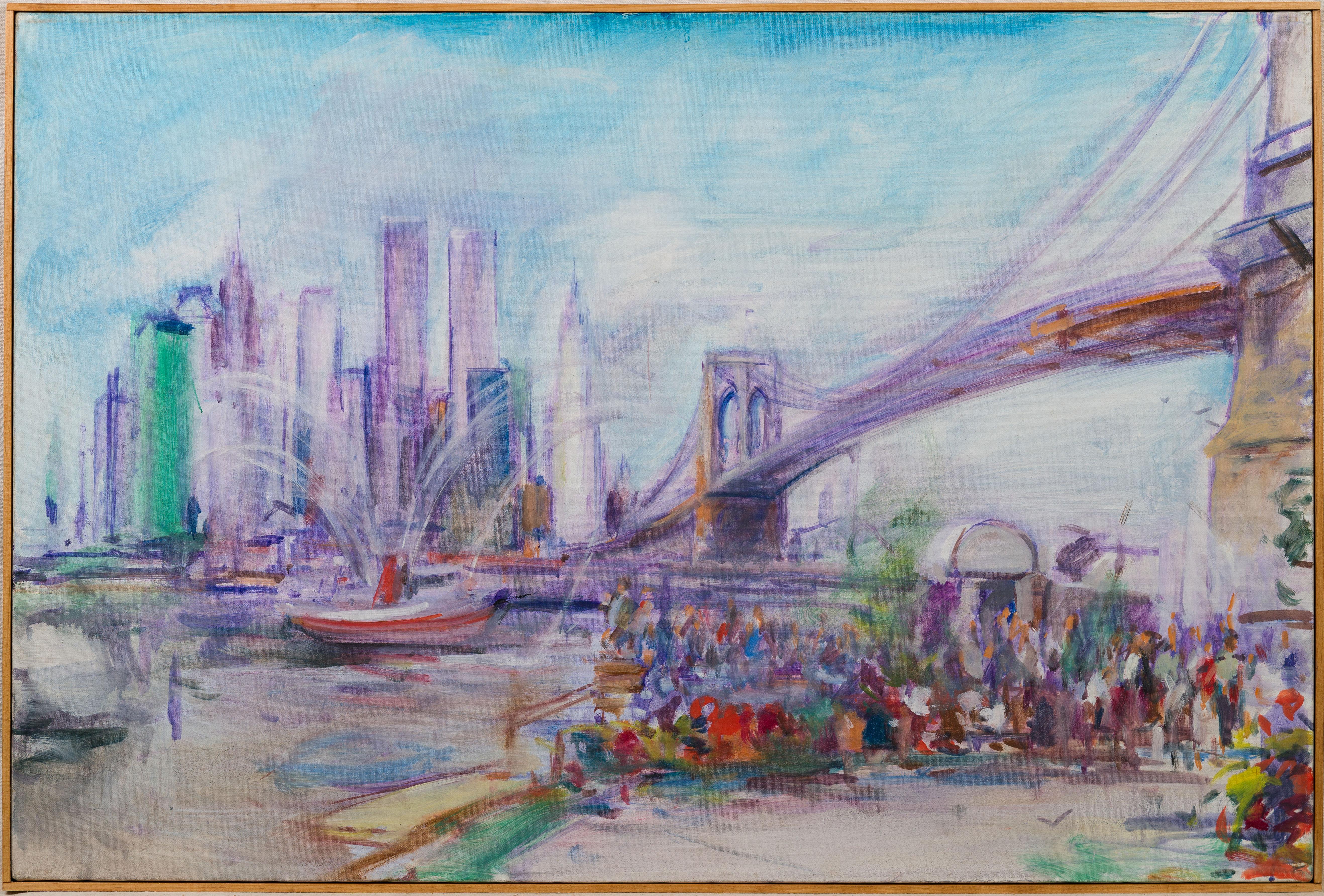 Kamil Kubik Landscape Painting - Vintage American Impressionist Modernist New York City Brooklyn Bridge Painting