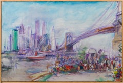 Vintage American Impressionist Modernist New York City Brooklyn Bridge Painting