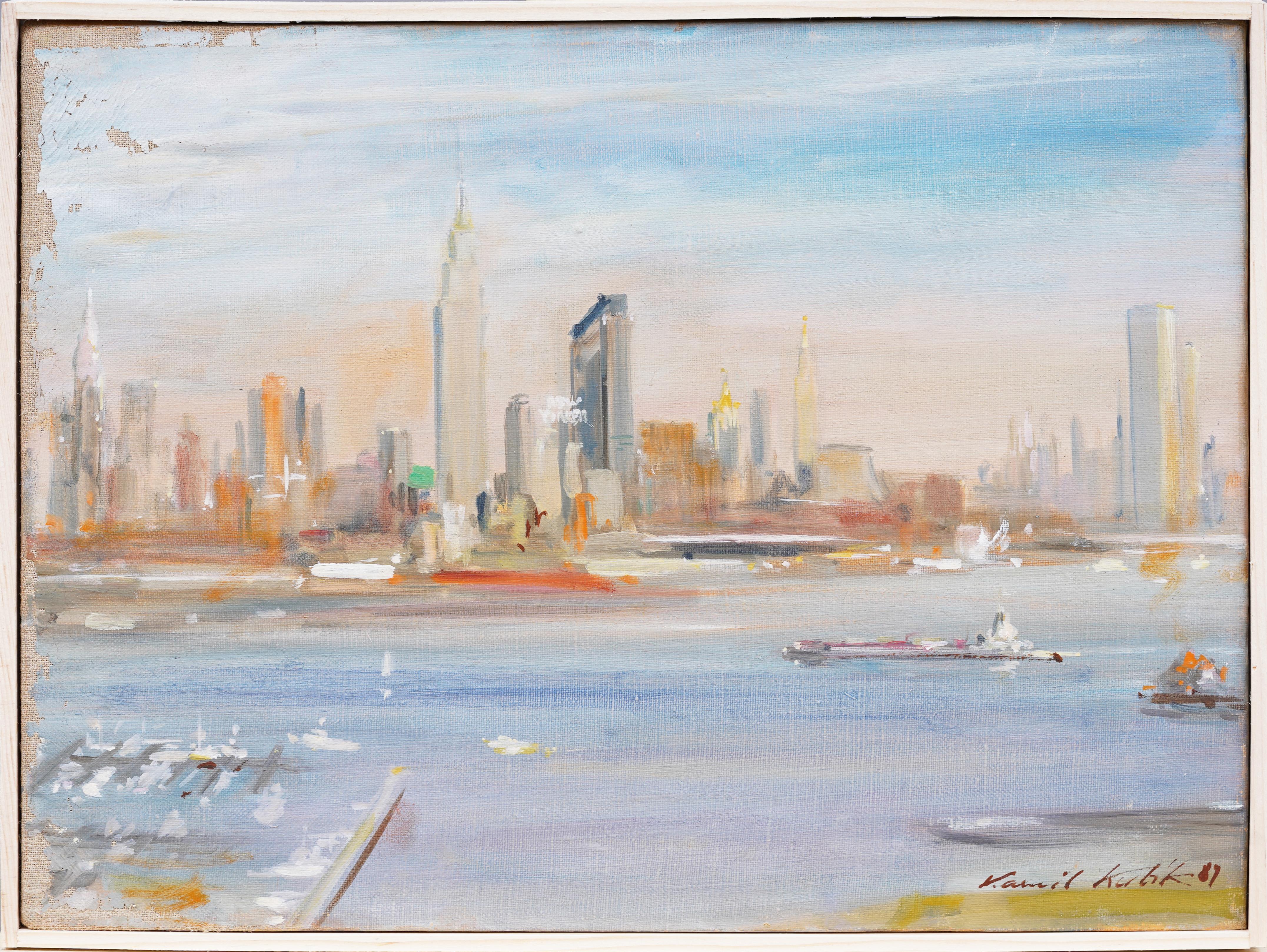 Signiertes modernes Ölgemälde, amerikanischer Impressionismus, New York Cityscape, Vintage – Painting von Kamil Kubik