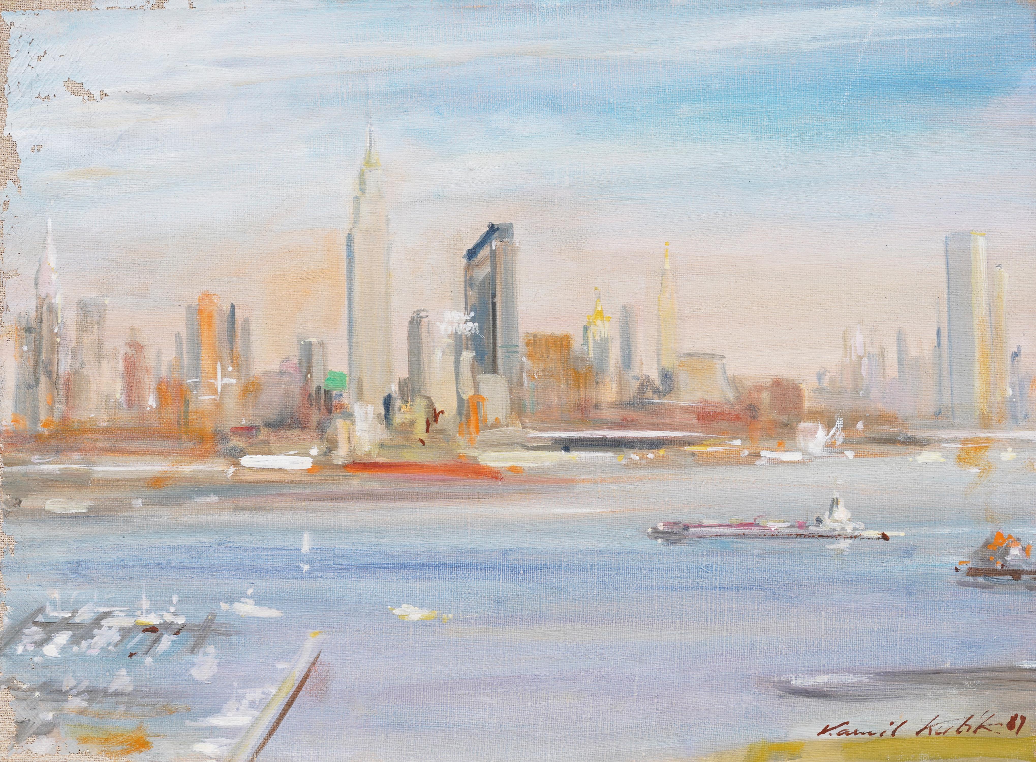 Pintura al óleo moderna Vintage American Impressionist New York Cityscape Signed - Painting Impresionista de Kamil Kubik