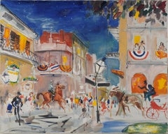 Vintage American Modernist New Orleans Street Scene Original Large Oil Painting