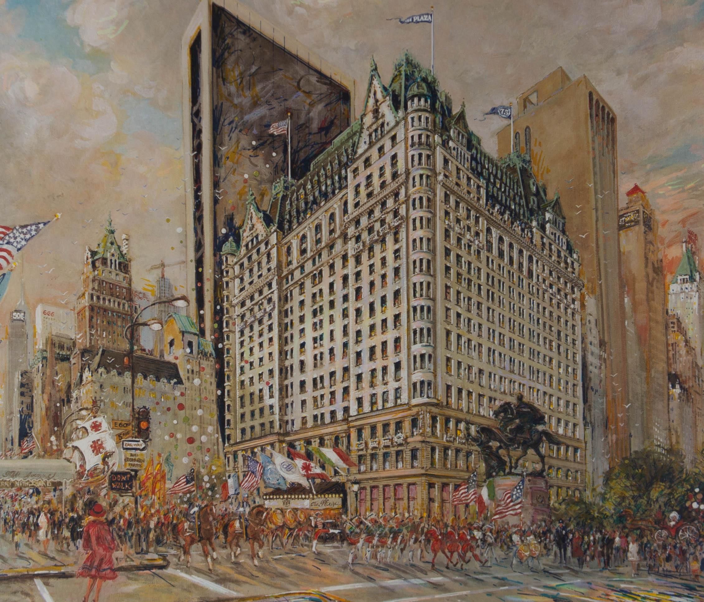 A striking, dynamic giclee of the original artwork by Kamil Kubik. The scene shows a bustling parade making its way down the street in front of the impressive Plaza Hotel, New York. The artist has signed in graphite to the lower right, inscribed to