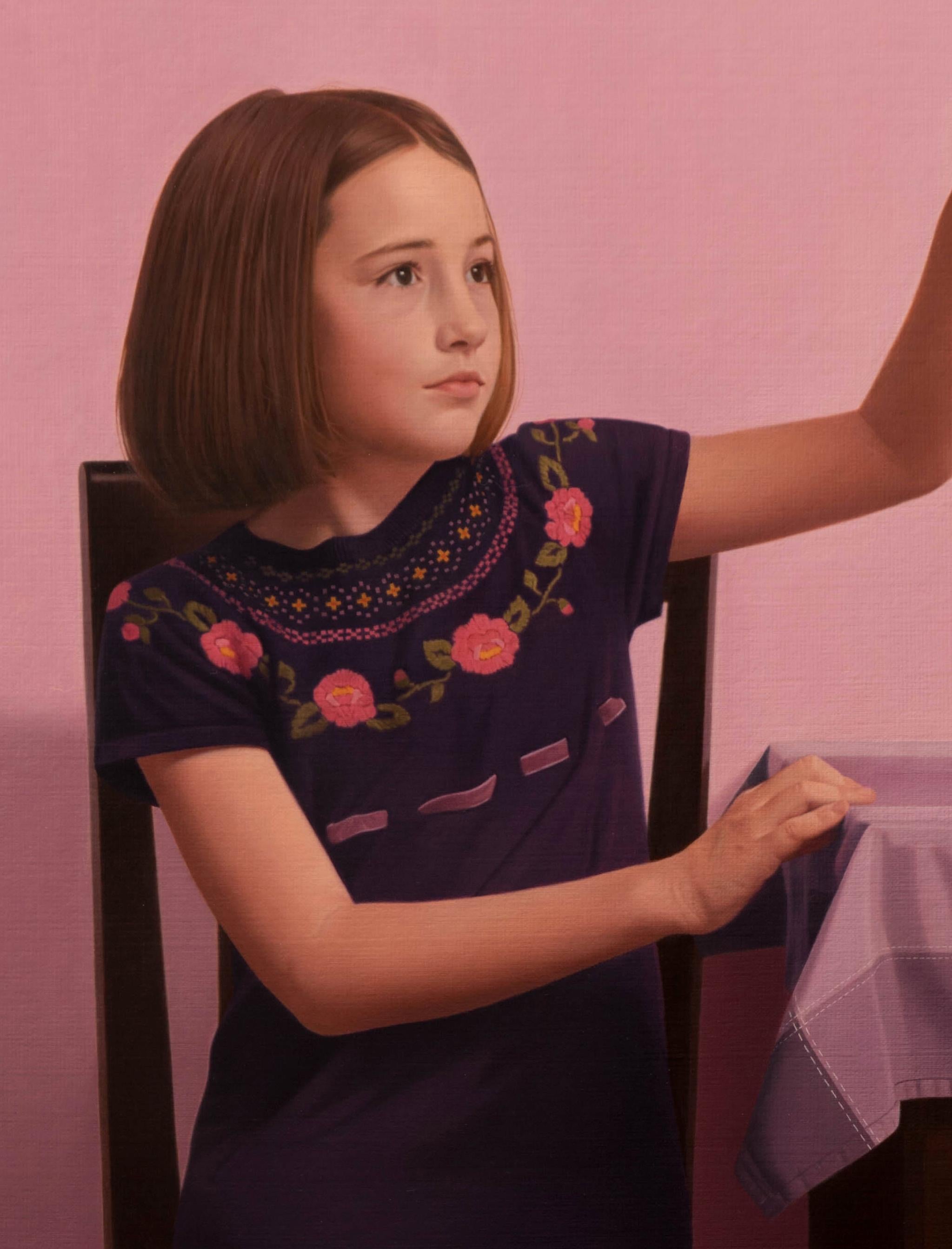 Gerberas - Zeitgenössisches figuratives Ölgemälde, realistisches kleines Mädchenporträt – Painting von Kamil Lisek