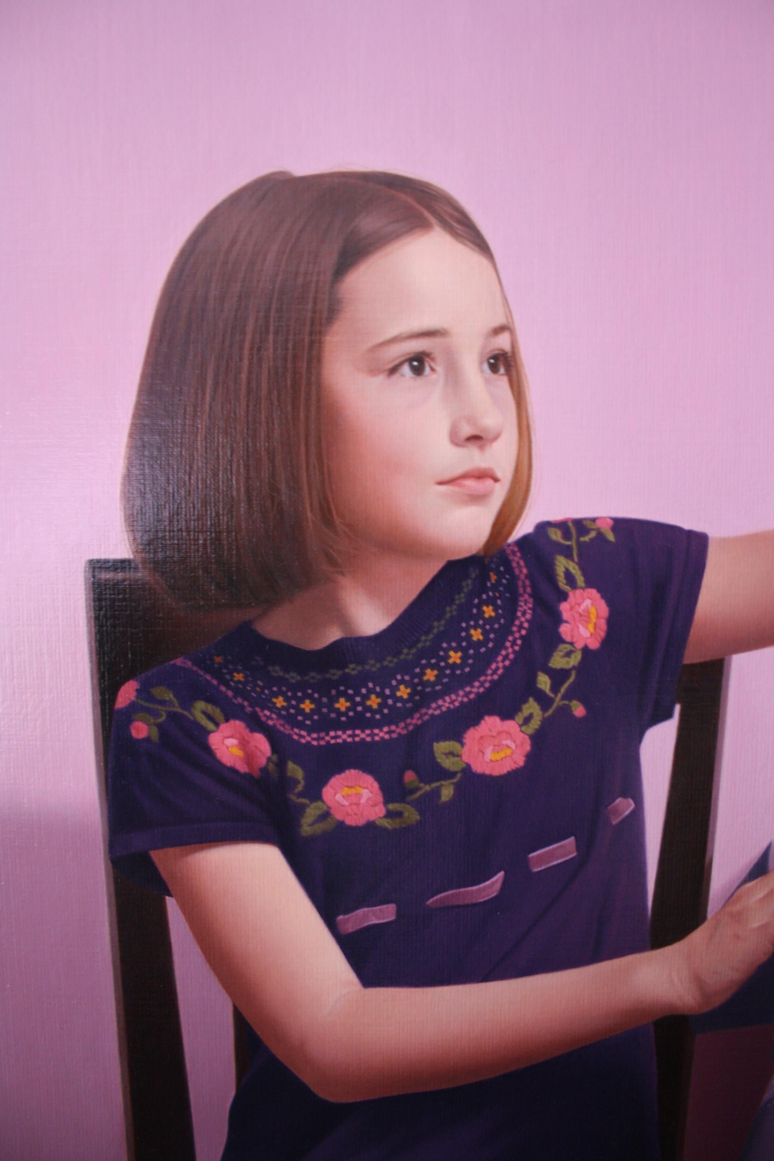 Gerberas - Contemporary Figurative Oil Painting, Realistic Little Girl Portrait For Sale 3