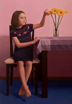 Gerberas - Peinture à l'huile figurative contemporaine, portrait réaliste d'une petite fille