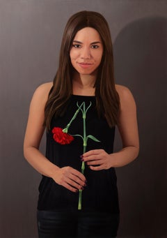 Jeune fille à la fleur - Peinture à l'huile contemporaine, portrait de femme réaliste